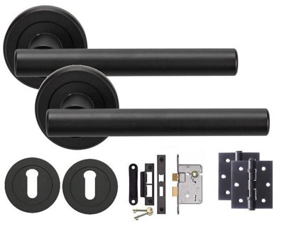 Straight T-Ba rDesign Matt Black Finish Door Handles On Rose with Ball Bearing Hinges Bathroom Handle - GG