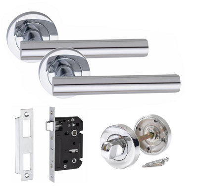 Straight T-Bar Bathroom Door Handle Set Thumbturn and Mortise Lock Polished Chrome