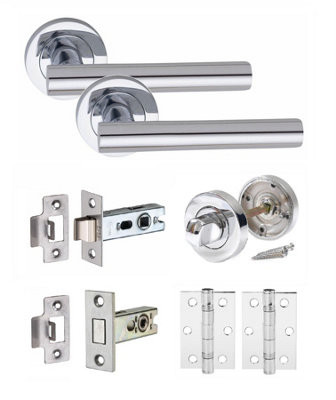 Straight T-Bar Bathroom Door Handle Set Thumbturn Ball Bearing Hinges and Dead Bolt Polished Chrome