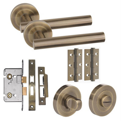 Straight T-Bar Bathroom Door Handle Set Thumbturn Hinges and Mortise Lock Antique Brass