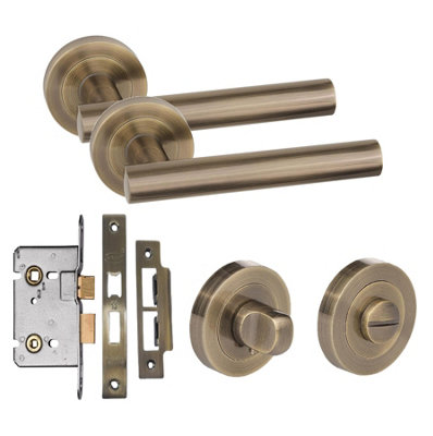 Straight T-Bar Design Bathroom Door Handle Set Thumbturn and Mortise Lock Antique Brass