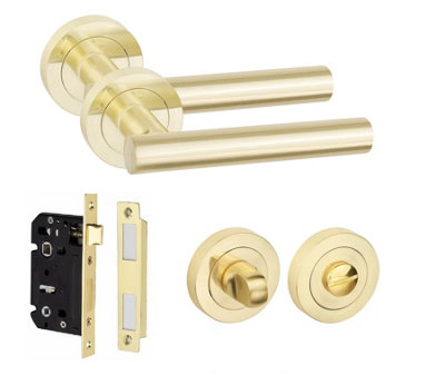 Straight T-Bar Design Bathroom Door Handle Set Thumbturn and Mortise Lock Satin Brass
