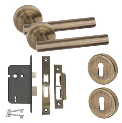 Straight T-Bar Design Key Lock Door Handle Set Thumbturn and Mortise Lock Antique Brass
