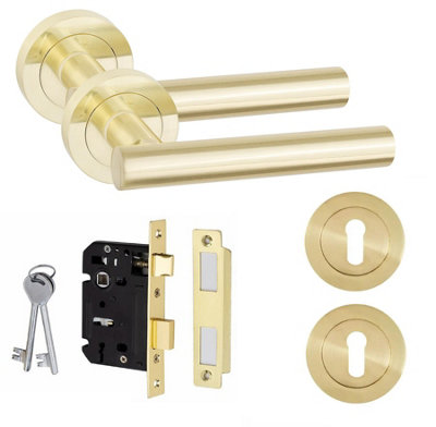 Straight T-Bar Design Key Lock Door Handle Set Thumbturn and Mortise ...