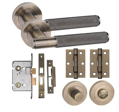 Straight T-Bar Knurled Bathroom Door Handle Set Thumbturn Hinges and Mortise Lock Antique Brass