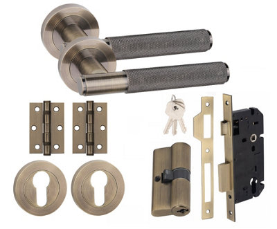 Straight T-Bar Knurled Euro 70mm Dual Key Lock Door Handle Set Euro Lock with Hinges Antique Brass