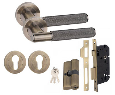 Straight T-Bar Knurled Euro 70mm Key Lock Door Handle Set Euro Lock Antique Brass