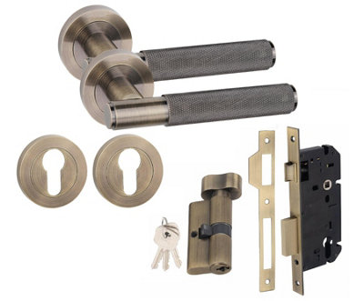 Straight T-Bar Knurled Euro 70mm Thumbturn Door Handle Set Euro Lock Antique Brass