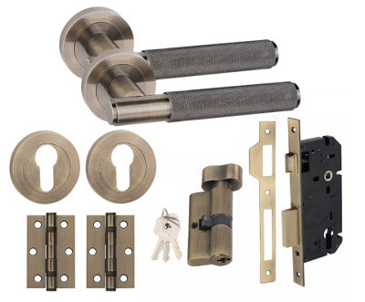 Straight T-Bar Knurled Euro 70mm Thumbturn Door Handle Set Euro Lock with Hinges Antique Brass