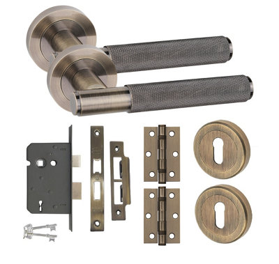 Straight T-Bar Knurled Key Lock Door Handle Set HInges and Mortise Lock Antique Brass