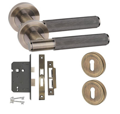 Straight T-Bar Knurled Key Lock Door Handle Set Thumbturn and Mortise Lock Antique Brass