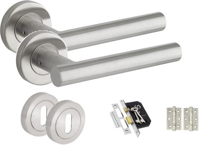 Straight T-Bar Lever on Rose Stainless Steel Lever Lock Handle Pack with Hinges