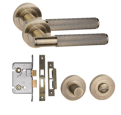 Straight T-Bar Linear Bathroom Door Handle Set Thumbturn and Mortise Lock Antique Brass