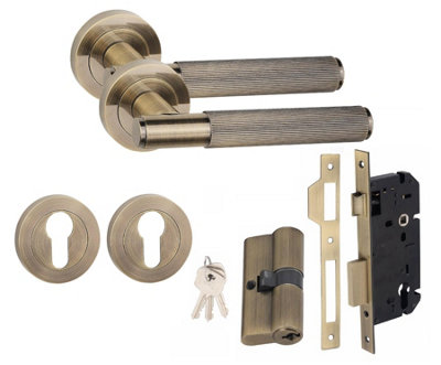 Straight T-Bar Linear Euro 70mm Key Lock Door Handle Set Euro Lock Antique Brass