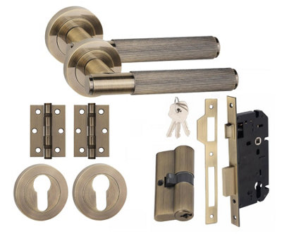 Straight T-Bar Linear Euro 70mm Key Lock Door Handle Set Euro Lock with Hinges Antique Brass