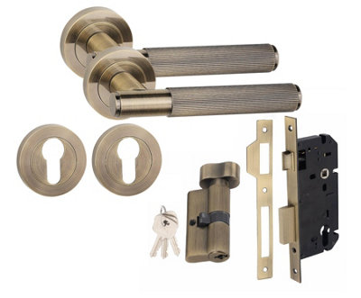 Straight T-Bar Linear Euro 70mm Thumbturn Door Handle Set Euro Lock Antique Brass