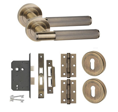 Straight T-Bar Linear Key Lock Door Handle Set HInges and Mortise Lock Antique Brass
