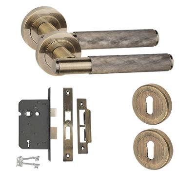 Straight T-Bar Linear Key Lock Door Handle Set Thumbturn and Mortise Lock Antique Brass