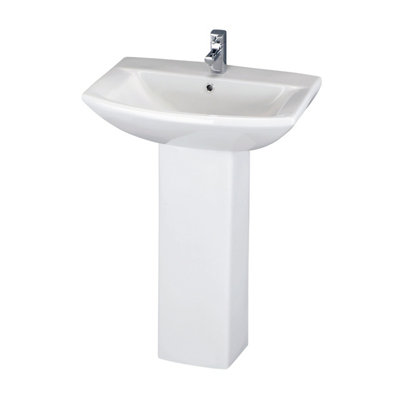 Stramshall Modern White Square 1 Tap Hole Bathroom Basin & Full Pedestal - 600mm