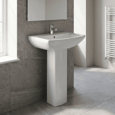 Stramshall Modern White Square 1 Tap Hole Bathroom Basin & Full Pedestal - 600mm