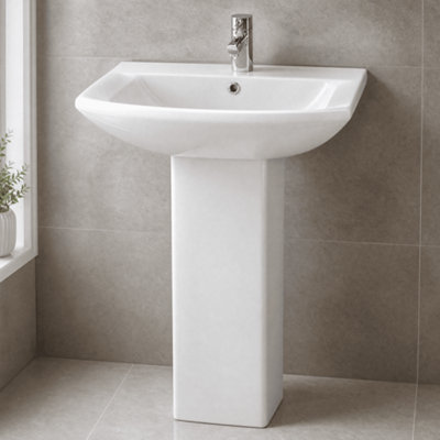Stramshall Modern White Square 1 Tap Hole Bathroom Basin & Full Pedestal - 600mm
