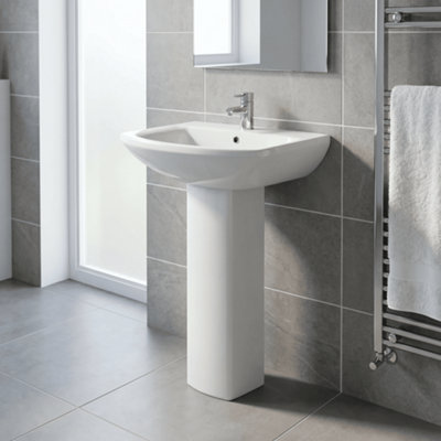 Stramshall Modern White Square 1 Tap Hole Bathroom Basin & Full Pedestal - 600mm