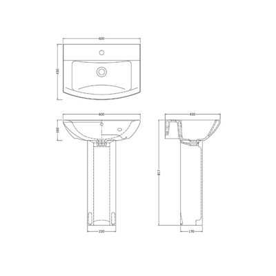 Stramshall Modern White Square 1 Tap Hole Bathroom Basin & Full Pedestal - 600mm