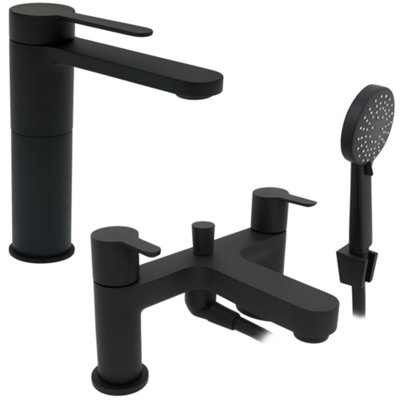 Strata Matt Black Complete Tap Pack, Matching Basin and Bath Shower Set