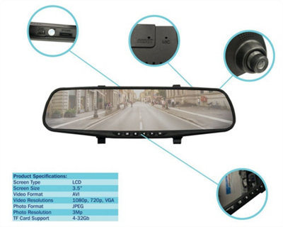 Streetwize 3.5'' Rear view Mirror 1080p HD Vehicle Camera Video Journey Recorder Dash Cam