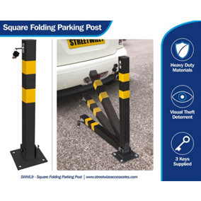 Streetwize Folding Robust Security Parking Post Driveway Bollard with Lock & Key- Square
