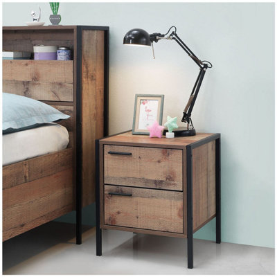 Stretton Urban Bedside Lamp Table with 2 Drawers Rustic Industrial Oak Effect