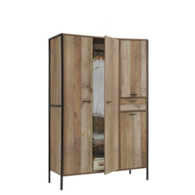 Stretton Urban Industrial 4 Door Large Wardrobe with Drawer Rustic Bedroom