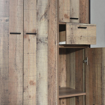 Stretton Urban Industrial 4 Door Large Wardrobe with Drawer Rustic Bedroom