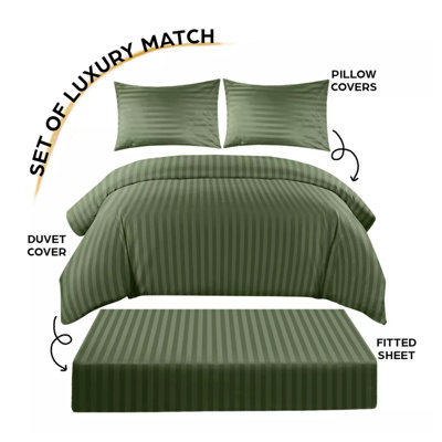 Stripe Duvet Cover Set With Matching Pillow Case 4PC Complete Bedding Bed Sets Olive Green