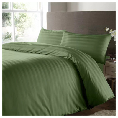 Stripe Duvet Cover Set With Matching Pillow Case 4PC Complete Bedding Bed Sets Olive Green