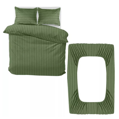 Stripe Duvet Cover Set With Matching Pillow Case 4PC Complete Bedding Bed Sets Olive Green