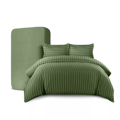 Stripe Duvet Cover Set With Matching Pillow Case 4PC Complete Bedding Bed Sets Olive Green