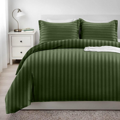 Stripe Duvet Cover Set With Matching Pillow Case 4PC Complete Bedding Bed Sets Olive Green