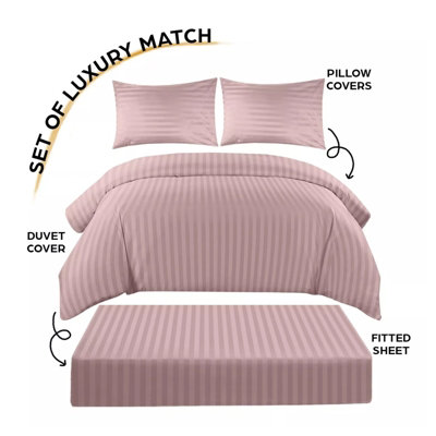Stripe Duvet Cover Set With Matching Pillow Case 4PC Complete Bedding Bed Sets Peach