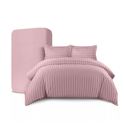 Stripe Duvet Cover Set With Matching Pillow Case 4PC Complete Bedding Bed Sets Peach