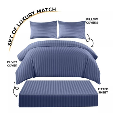 Stripe Duvet Cover Set With Matching Pillow Case 4PC Complete Bedding Bed Sets Washed Blue