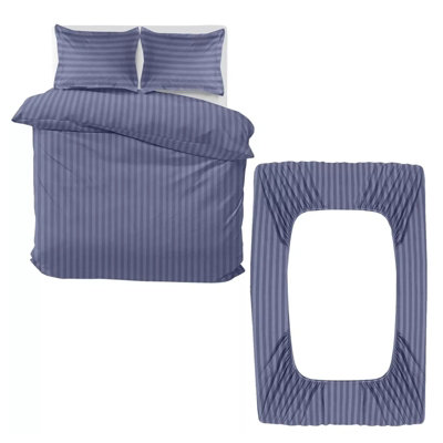 Stripe Duvet Cover Set With Matching Pillow Case 4PC Complete Bedding Bed Sets Washed Blue