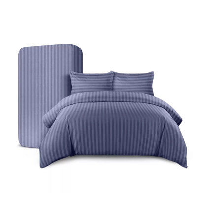 Stripe Duvet Cover Set With Matching Pillow Case 4PC Complete Bedding Bed Sets Washed Blue