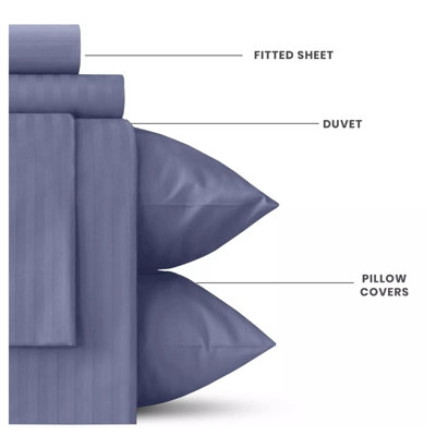 Stripe Duvet Cover Set With Matching Pillow Case 4PC Complete Bedding Bed Sets Washed Blue