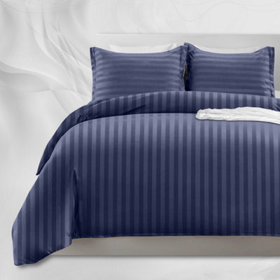 Stripe Duvet Cover Set With Matching Pillow Case 4PC Complete Bedding Bed Sets Washed Blue