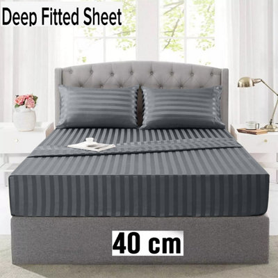 Stripe Fitted Sheet 40CM Soft & Comfortable Bedsheet Single Double King S. King Sizes