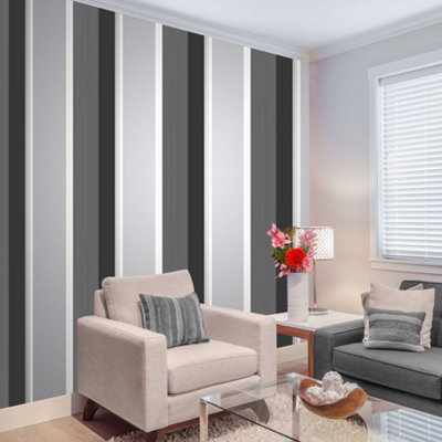Broad Grey & White Stripe - Wallpaper Inn