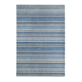 Striped Blue Beige Wool Rug, 25mm Thickness Handmade Rug, Modern Rug for Bedroom, & Dining Room-120cm X 170cm