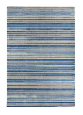 Striped Blue Beige Wool Rug, 25mm Thickness Handmade Rug, Modern Rug for Bedroom, & Dining Room-80cm X 150cm