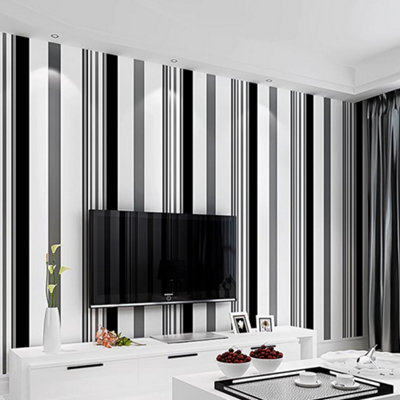 Striped Non Woven Wallpaper White Black Grey Patterned Wallpaper Roll 5m²